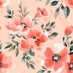 Watercolor blush pink and coral floral pattern, on a light peach background.  Cute watercolor seamless pattern. Watercolor print in rustic vintage style, textile or wallpapers.	
