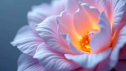 Detailed close-up of delicate synthetic flower petals in lavender tones with shimmering textures, subtle blue hues, and a glowing coral core light