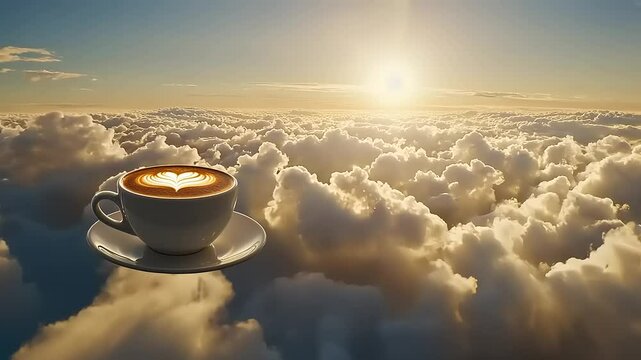 A serene sunrise over fluffy clouds with a latte art coffee cup floating in mid-air