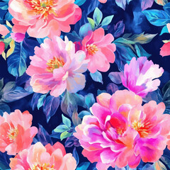 Pink and blue flowers vibrant pink peonies on a dark background, Cute watercolor seamless pattern. Watercolor print in rustic vintage style, textile or wallpapers.	