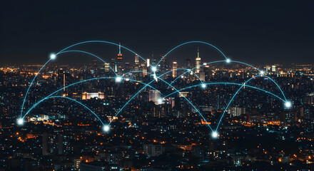Night Cityscape with Digital Connections and Data Flow Visualization