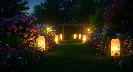 Enchanted Garden Pathway with Lanterns Surrounded by Flowers