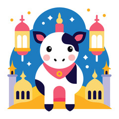 funny cow illustration with balloons and gifts