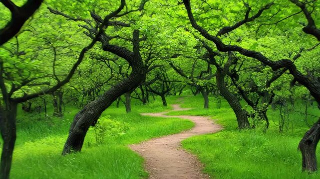 Winding path through trees with green foliage leads deeper into the forest