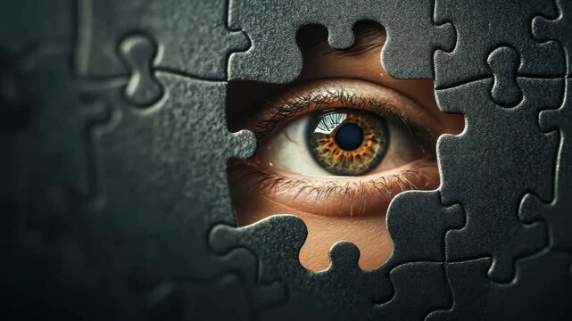 Eye of mystery looking through jigsaw puzzle. A keen eye peers out from the gap within a puzzle