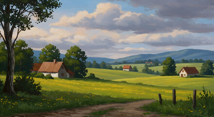 Obraz premium Serene Countryside Landscape with Rolling Hills and Cottage Homes