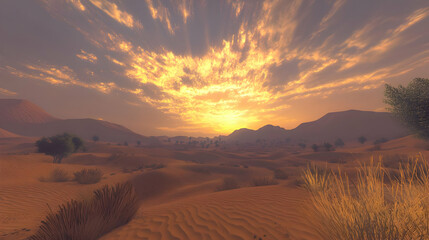 Fototapeta premium Golden desert sunset, vast expanse of sand dunes and low, scrubby vegetation under a vibrant, fiery sky