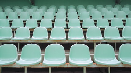 Fototapeta premium Empty mint green stadium seats aligned in perfect symmetry, creating a calm and structured view.