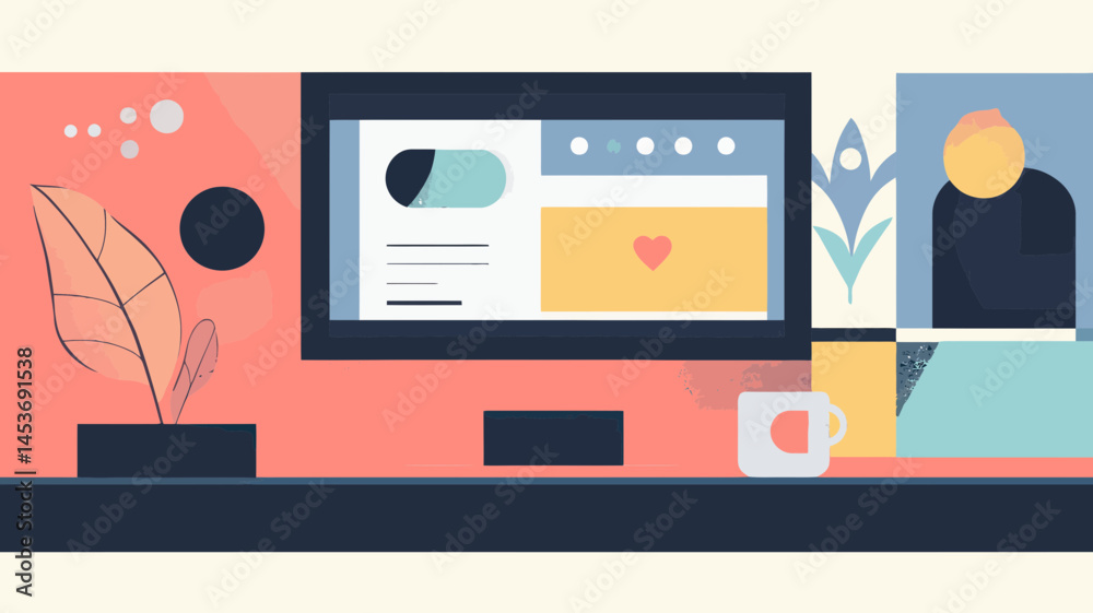 Poster flat design website header slider with computer monitor and desk setup, modern vector illustration f