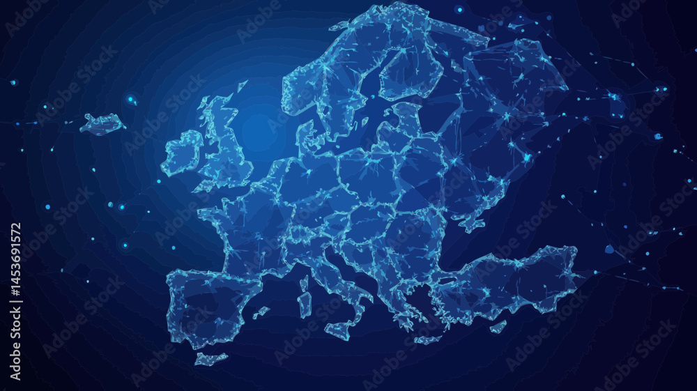Poster polygonal europe map with connected mesh spheres - abstract vector artwork for technology and networ