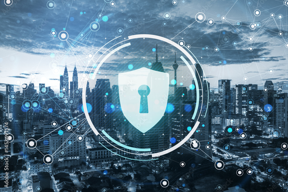 Poster Cybersecurity shield icon over modern city skyline with connected light nodes and abstract digital network background at dusk time.