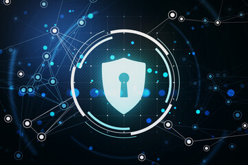 Cybersecurity shield icon surrounded by digital network connections and glowing blue data nodes on...