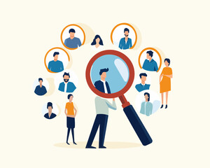 Customer-Centric Marketing Strategy: Businessman Using Magnifying Glass to Focus on Target Audience for Product Design and Advertising in Flat Minimalist SVG Vector