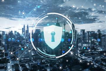 Cybersecurity shield icon over modern city skyline with connected light nodes and abstract digital network background at dusk time.