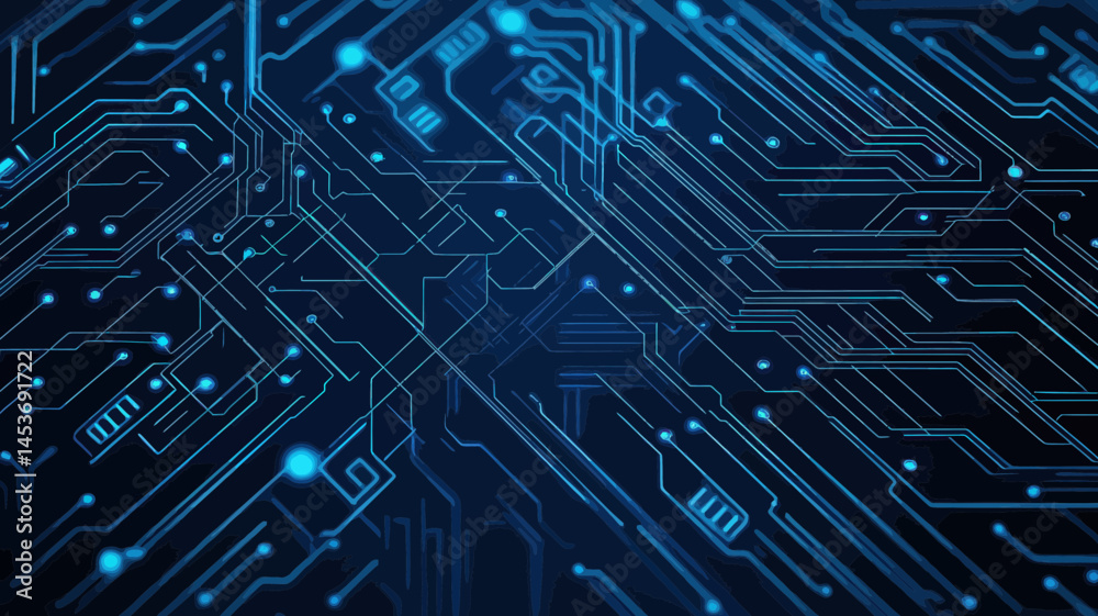 Poster blue circuit board with thin traces on dark background vector illustration for electronics and compu