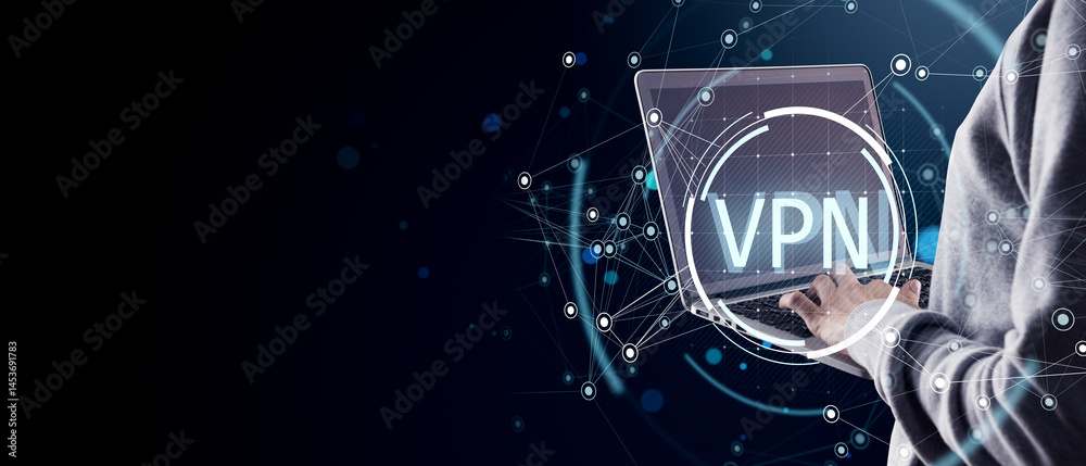 Aufkleber Abstract digital concept showing VPN security on laptop with user interacting, network icons and light tech background design for business use.