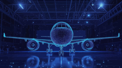 Digital 3D Wireframe Airplane in Hangar - Abstract Polygonal Aircraft Maintenance Concept with Starry Sky Background