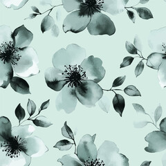 Watercolor and pastel flowers in black and white on a mint green background, Cute watercolor seamless pattern. Watercolor print in rustic vintage style, textile or wallpapers.	