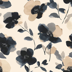 Muted watercolor, light gray and black flowers on a cream background, Cute watercolor seamless pattern. Watercolor print in rustic vintage style, textile or wallpapers.	