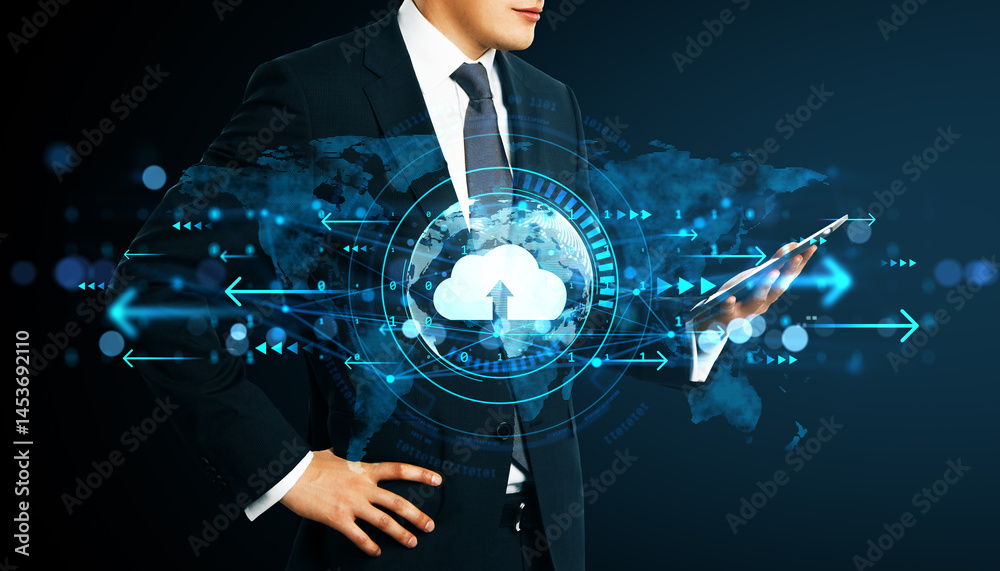 Aufkleber Businessman holding tablet with cloud computing interface, global data network and digital arrows on dark background concept of cloud technology.