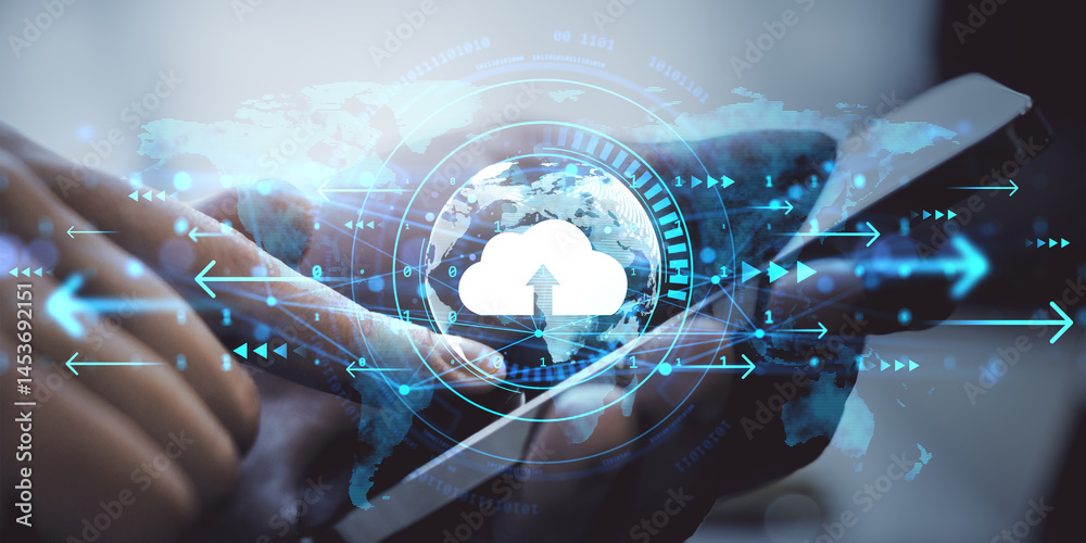 Aufkleber Cloud data upload concept with digital arrows and globe overlay on person using smartphone, representing modern business technology background.