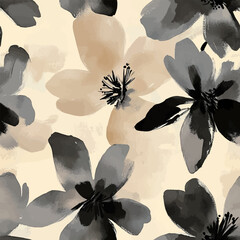 Muted watercolor, light gray and black flowers on a cream background, Cute watercolor seamless pattern. Watercolor print in rustic vintage style, textile or wallpapers.	