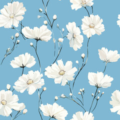 White cosmos flowers on a blue background, Cute watercolor seamless pattern. Watercolor print in rustic vintage style, textile or wallpapers.	