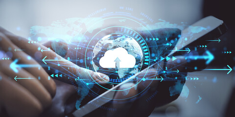 Cloud data upload concept with digital arrows and globe overlay on person using smartphone, representing modern business technology background.