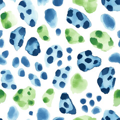 Blue and green leopard spots, watercolor style, white background.  Cute watercolor seamless pattern. Watercolor print in rustic vintage style, textile or wallpapers.