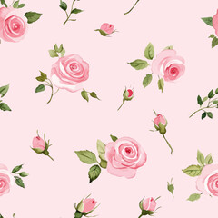 Pink rose pattern, pastel pink background, pink rose flower,  Cute watercolor seamless pattern. Watercolor print in rustic vintage style, textile or wallpapers.	
