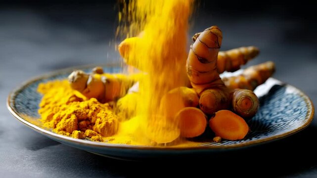 Bright yellow turmeric powder falling onto fresh turmeric rhizomes on a decorative blue plate, spice powder, vibrant color