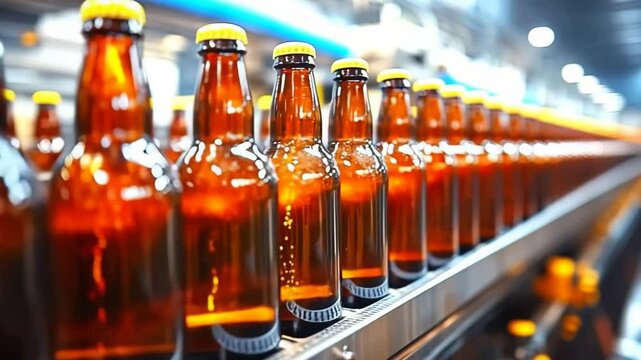 Beer bottles moving on conveyor belt in brewery