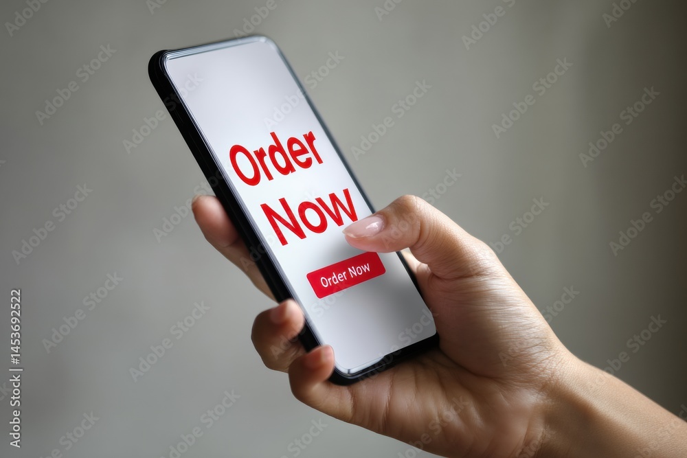 Poster hand tapping smartphone to place order now in minimal clean style, illustrating modern convenience a