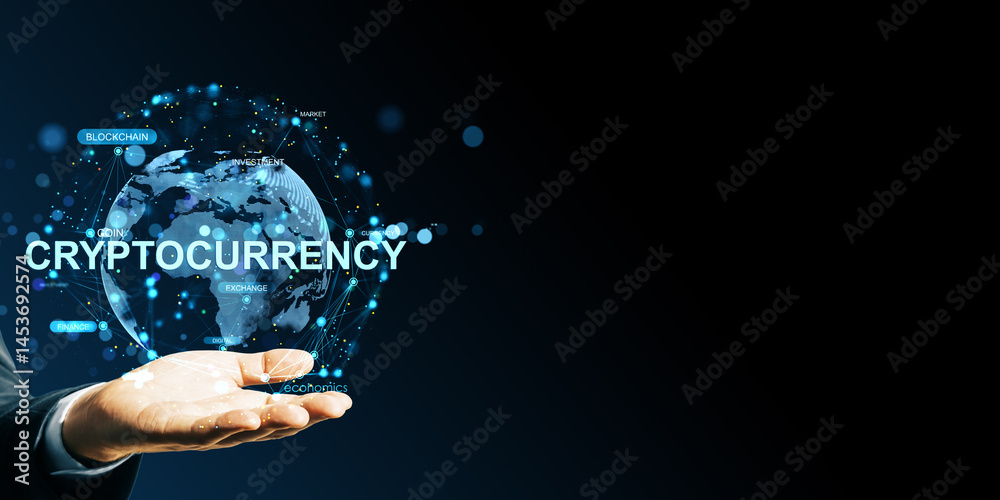 Poster Businessman hand holding digital globe with cryptocurrency network and blockchain terms on dark background for finance and technology banner template.