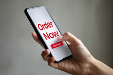 Hand Tapping Smartphone to Place Order Now in Minimal Clean Style, Illustrating Modern Convenience and Digital Engagement Generative AI