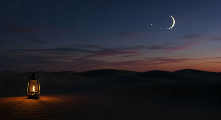 Fototapeta premium Lantern Glow in Desert Under Moonlight at Dusk