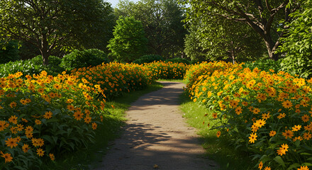 Obraz premium Vibrant Pathway Surrounded by Bright Yellow Flowers in a Garden
