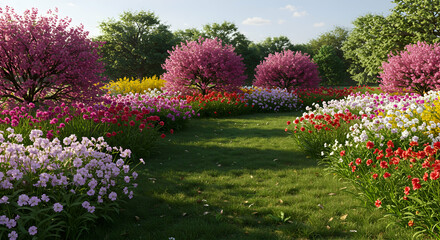 Scenic Garden Pathway Surrounded by Colorful Flower Blooms