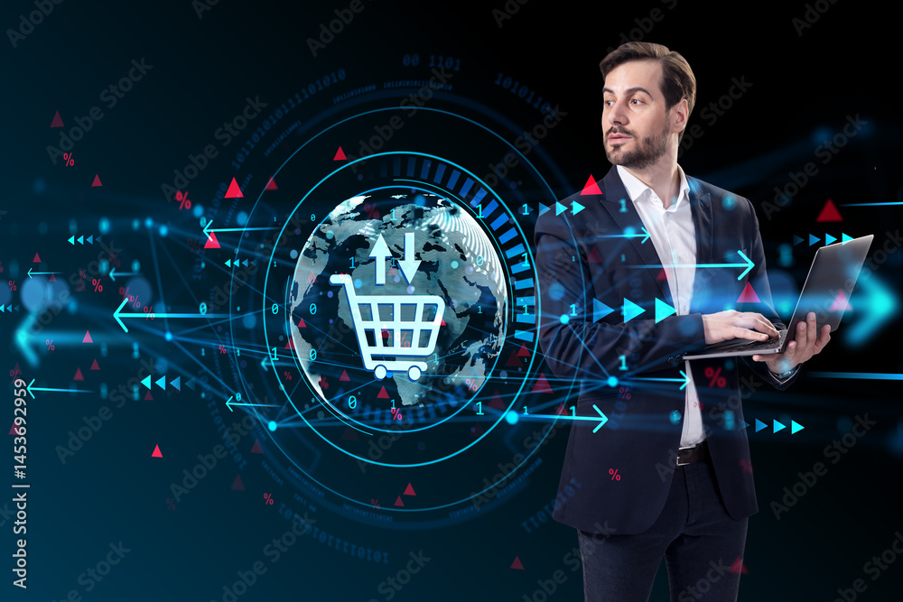 Poster businessman using laptop with ecommerce hologram and digital sales icon overlay on abstract dark bac