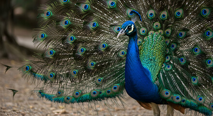 Obraz premium Vibrant Peacock Displaying Colorful Feathers in Natural Environment