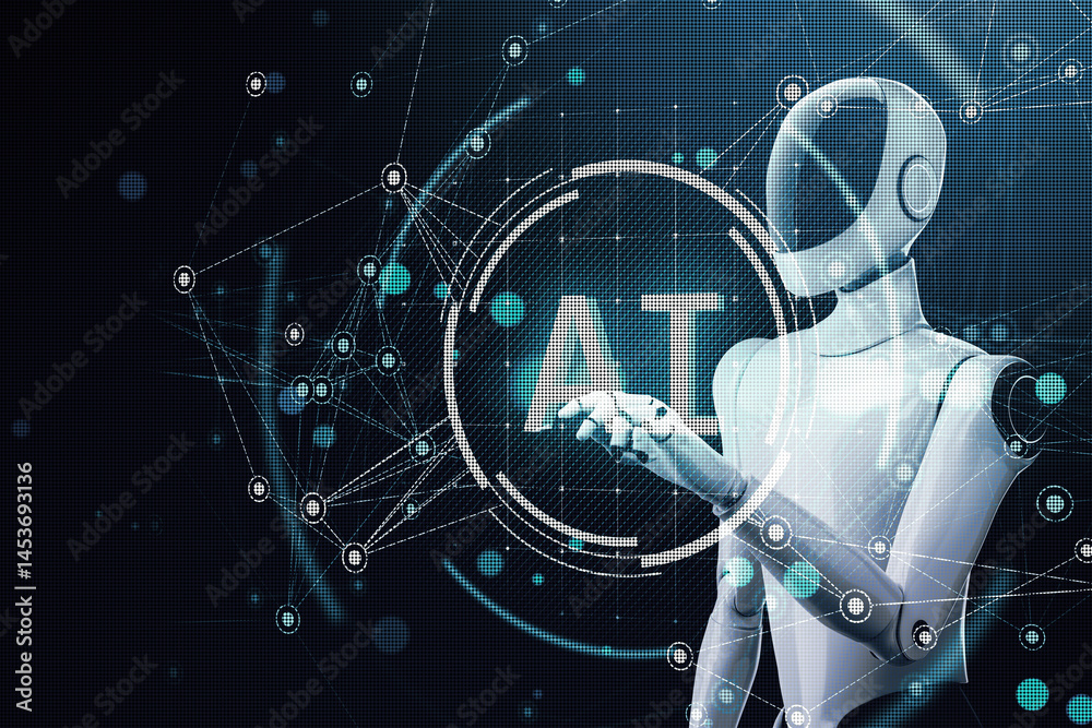 Aufkleber Futuristic humanoid robot with AI symbol and neural network connections on digital tech background representing artificial intelligence concept. 3D Rendering