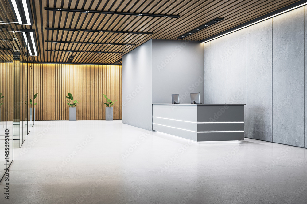 Poster modern corporate reception area with minimalist desk and glass partitions, featuring wood and concre