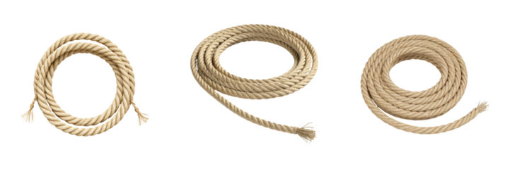 Three coiled ropes are neatly arranged in different circular shapes.
