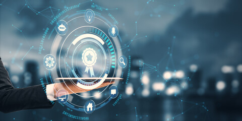 Businessman holding a digital tablet with futuristic technology icons and certification badge on blurred city background, glowing light, creative design.