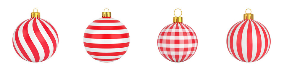 Red and white striped Christmas ornaments with metallic tops arranged in a row.