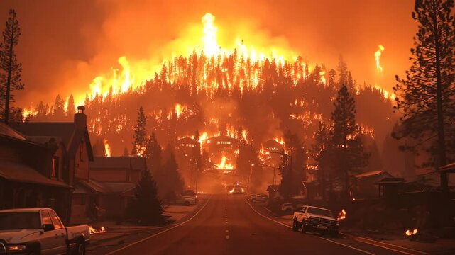 Massive forest fire spreading toward nearby town, natural disaster scene