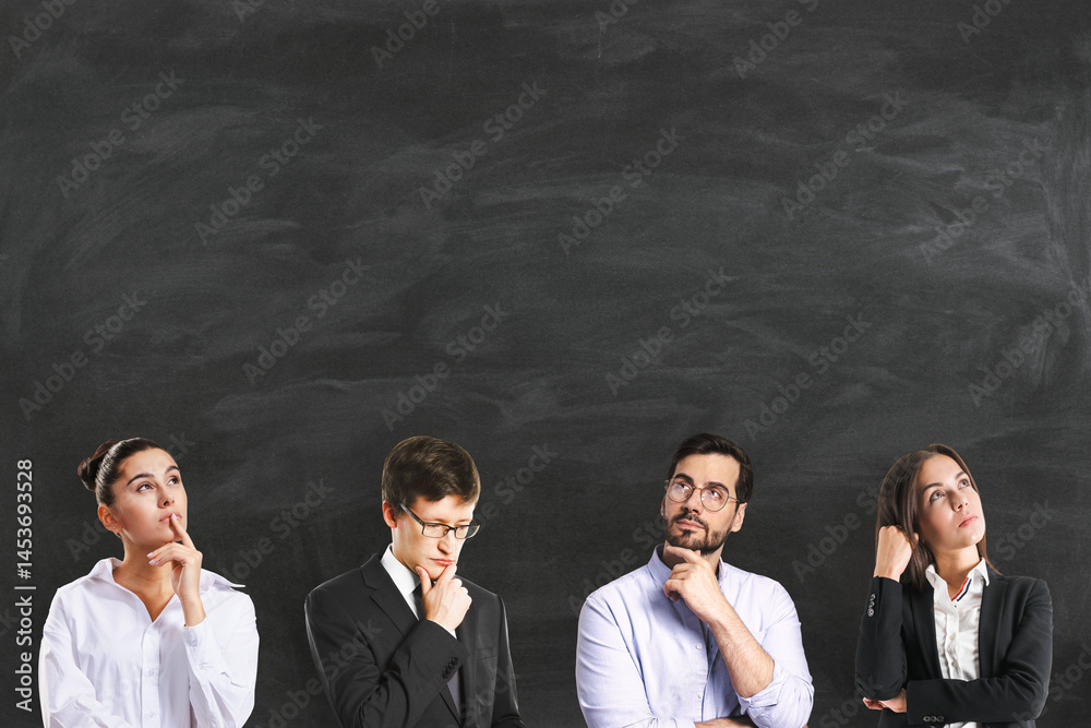 Aufkleber group of thoughtful people standing against a black chalkboard background, contemplating ideas and s