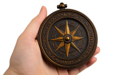 Hand holding vintage-style compass rose with unique inscriptions, cut out transparent