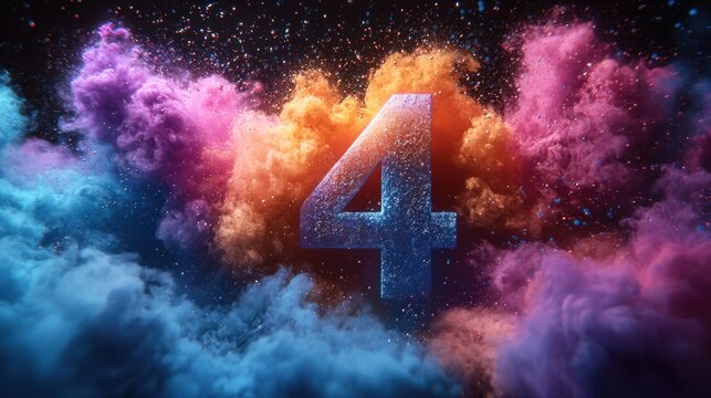 Number four surrounded by colorful smoke and particles