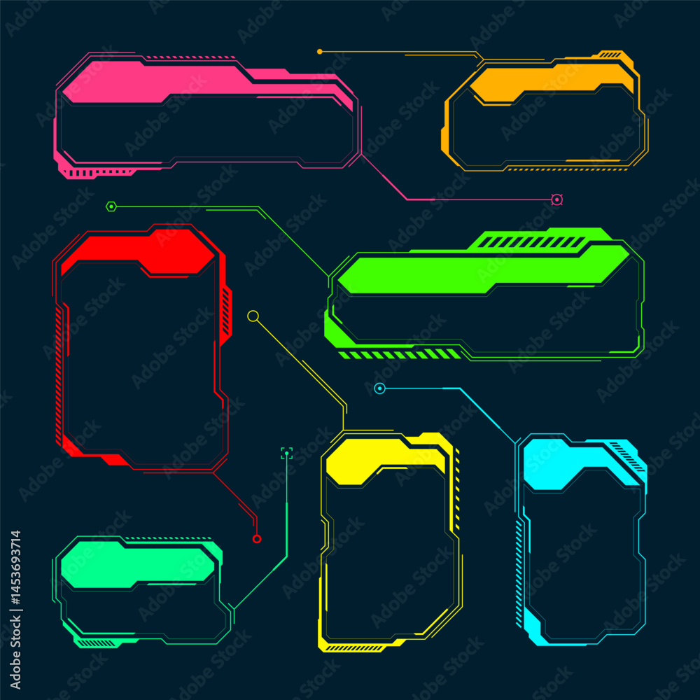 Poster Futuristic HUD or UI elements. Sci-fi user interface text boxes, callouts. Colorful warning message frame, information boxes template. Modern game interface layout, digital style. Vector illustration